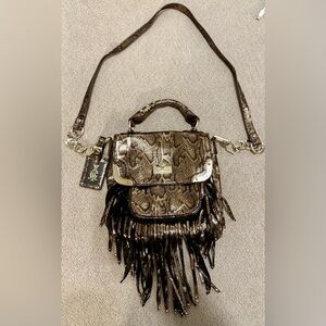 Christian Audigier Snake Skin Print Fringe Crossbody purse